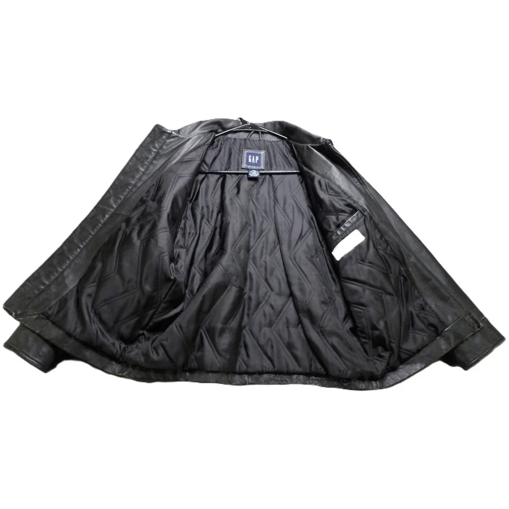 VTG Y2K Gap Black Leather Full Zipper Bomber Jacket Youth Boys M 7-8 Retro Biker